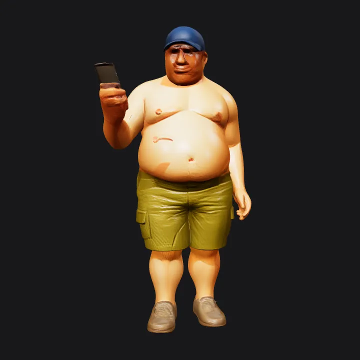 Overweight man standing and holding phone. smooth edges, complex geometry, character.