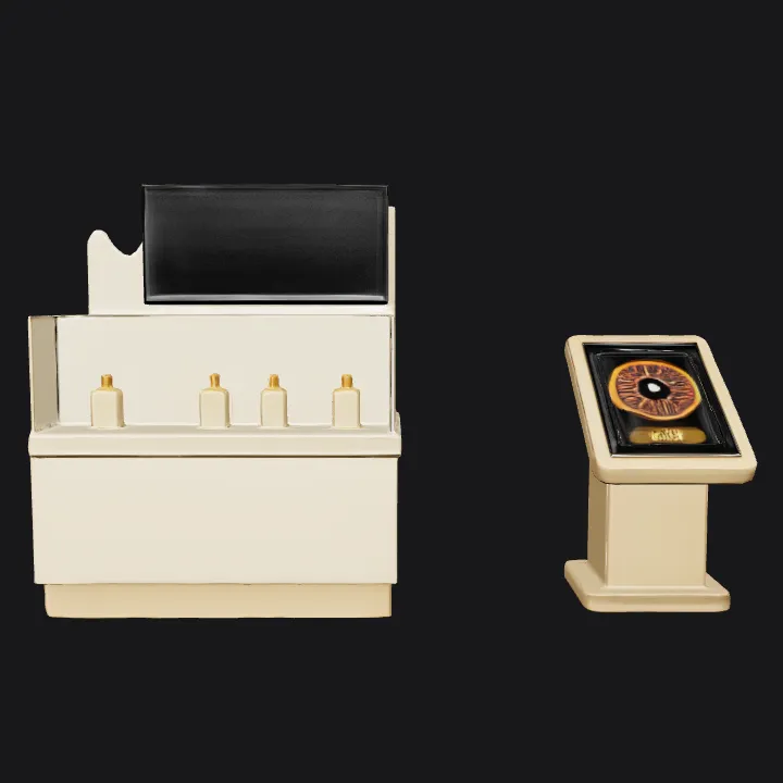 Cosmetic product display booth with spin panel. smooth edges, simple geometry, game-ready.