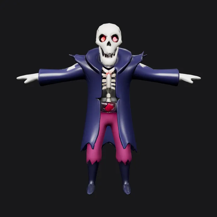 Cartoon skeleton character in a cloak. smooth edges, complex geometry, game-ready, character, symmetric geometry.