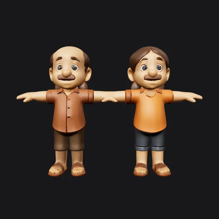 two cartoon human figures standing side by side. smooth edges, simple geometry, character, symmetric geometry.
