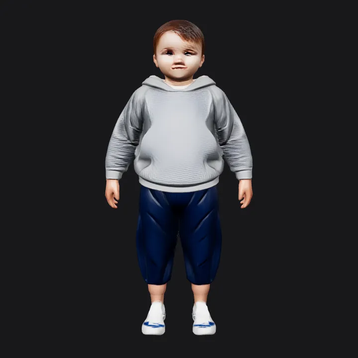 Young boy in grey hoodie and shorts. smooth edges, complex geometry, character, symmetric geometry.