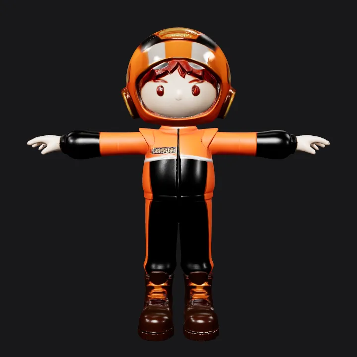 Cartoon boy in orange racing suit. smooth edges, simple geometry, game-ready, character, symmetric geometry.