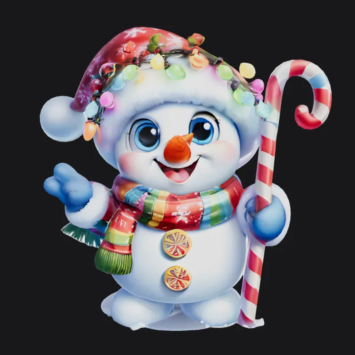 Cute snowman holding candy cane. smooth edges, complex geometry, game-ready, character.