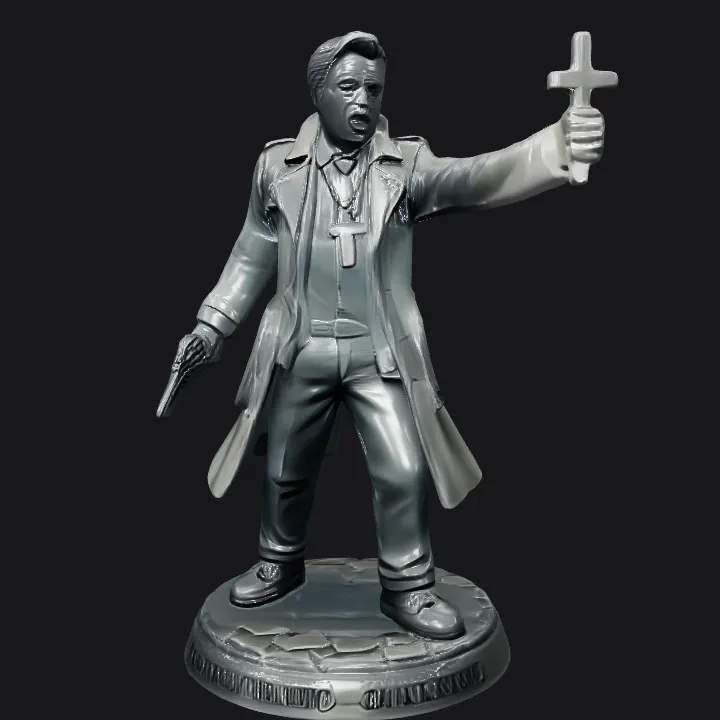 A priest statue holding a cross. sharp edges, complex geometry, character.