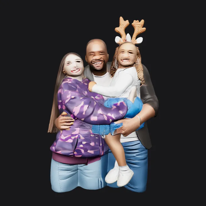 Three people posing together, one costumed. complex geometry, character.