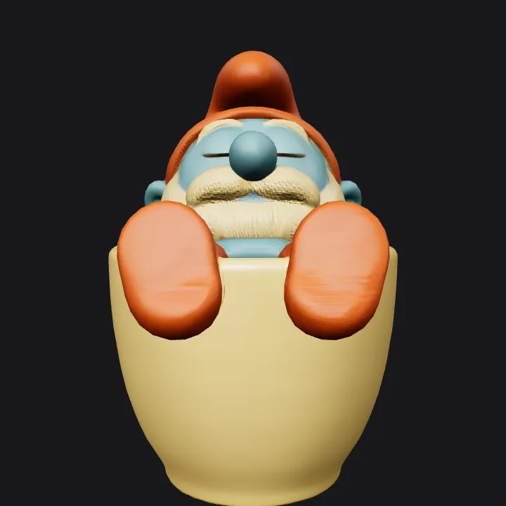 A Smurf sleeping in a teacup. smooth edges, complex geometry, game-ready, character.