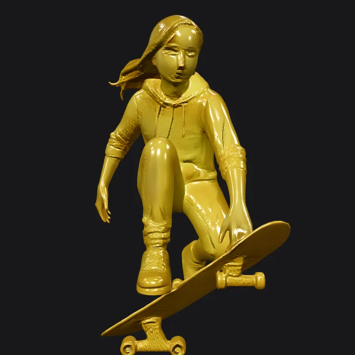 Golden skateboarder statue in dynamic pose. smooth edges, complex geometry, character.