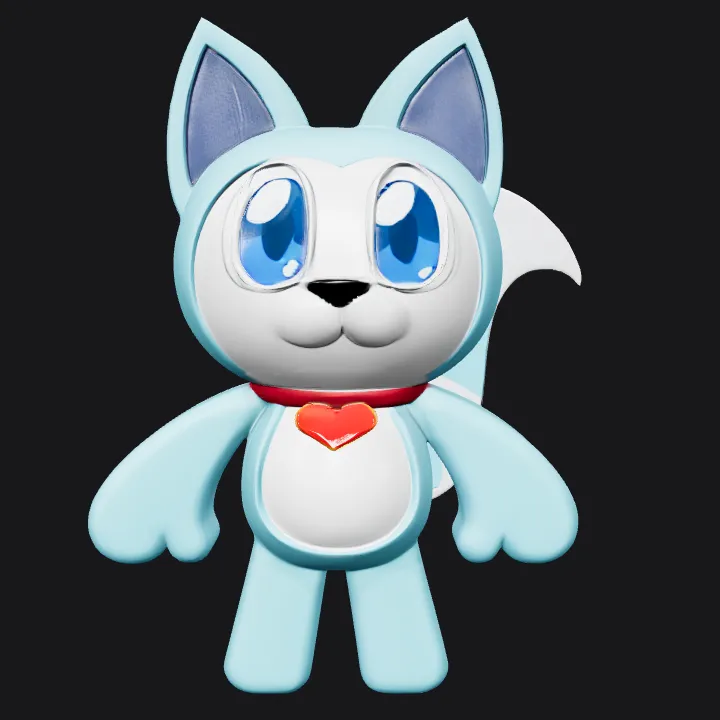 cartoon blue cat character with heart collar. smooth edges, simple geometry, character, symmetric geometry.