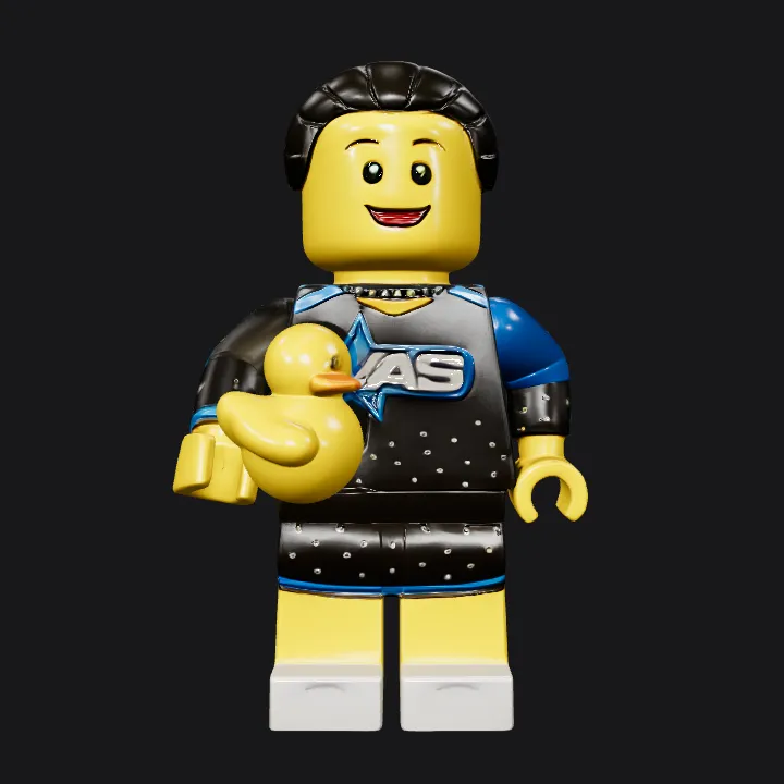 Lego minifigure holding a rubber duck. sharp edges, simple geometry, game-ready, character.