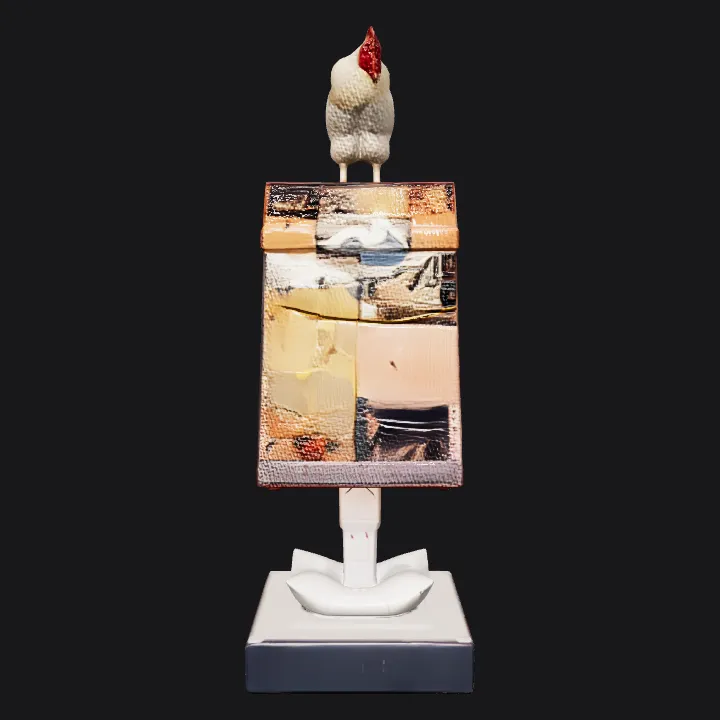 A rooster standing on a mixed-media sculpture. complex geometry, sharp edges, character.