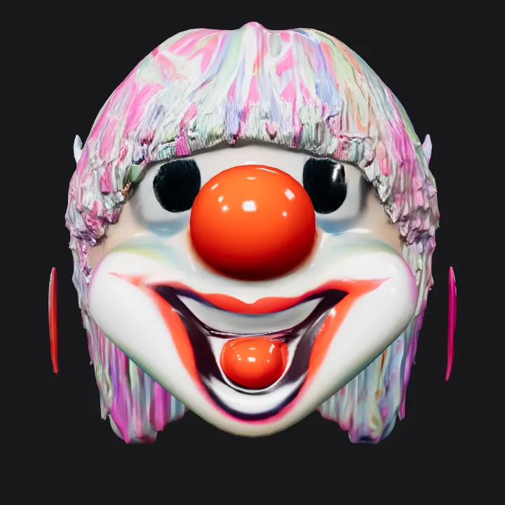 Clown mask with colorful yarn hair. smooth edges, complex geometry, character, symmetric geometry.