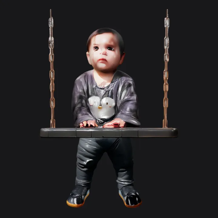 Toddler sitting on a playground swing. smooth edges, complex geometry, character.