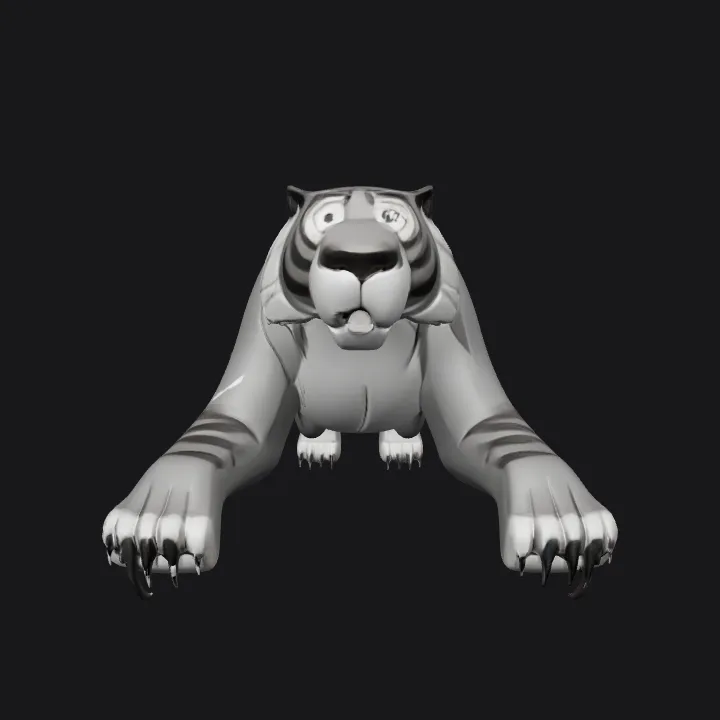 Cartoon tiger crouching and startled. smooth edges, complex geometry, game-ready, character.
