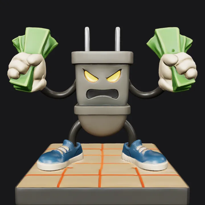 Angry electrical plug mascot with money. smooth edges, complex geometry, game-ready, character.