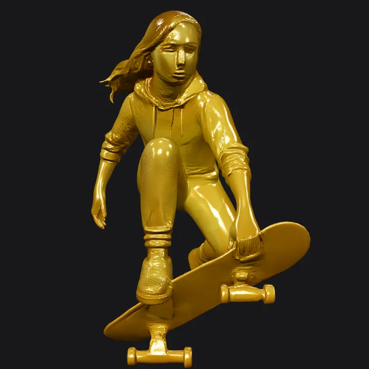gold statuette of skateboarder in motion. smooth edges, complex geometry, character.