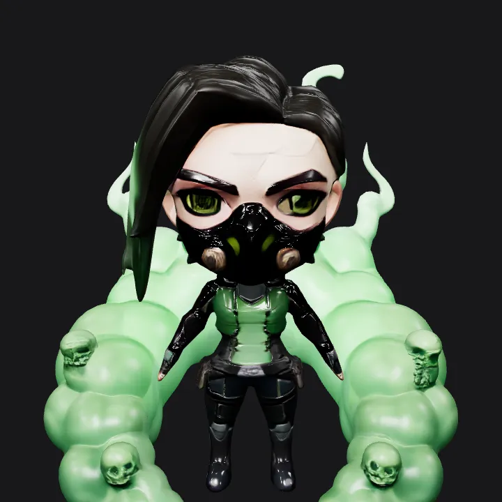 Chibi-style armored character with green smoke skulls. smooth edges, complex geometry, game-ready, character.