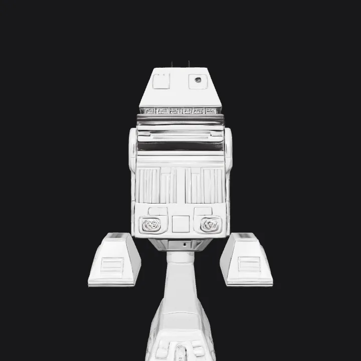 R2-D2-like robot tilted with base platforms. sharp edges, complex geometry, character, symmetric geometry.