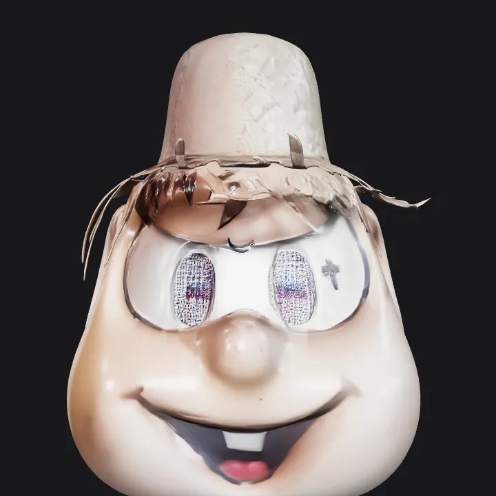 Man wearing straw hat, head only. smooth edges, complex geometry, character.