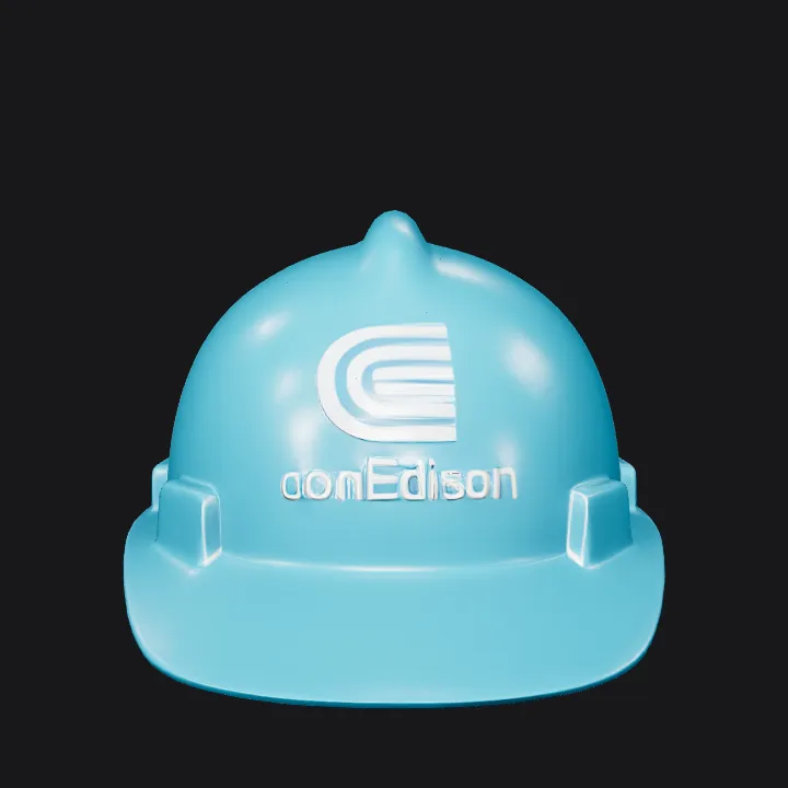 blue construction hard hat with logos. smooth edges, simple geometry, game-ready, symmetric geometry.