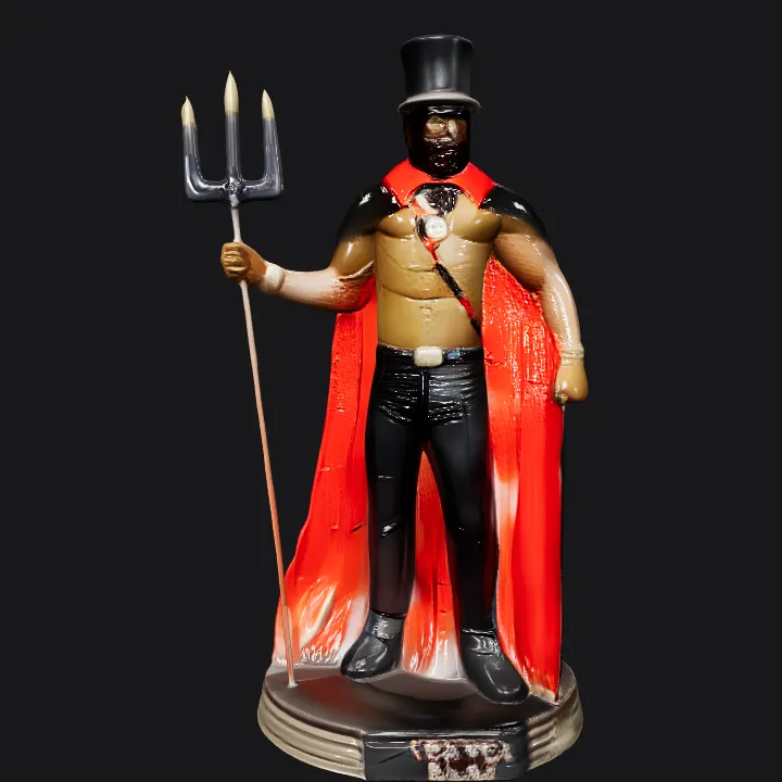 A shirtless man in cape holding trident. smooth edges, complex geometry, character.