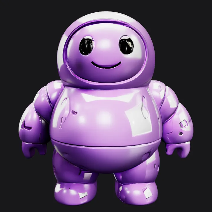 Purple robot toy with a happy face. smooth edges, simple geometry, game-ready, character, symmetric geometry.