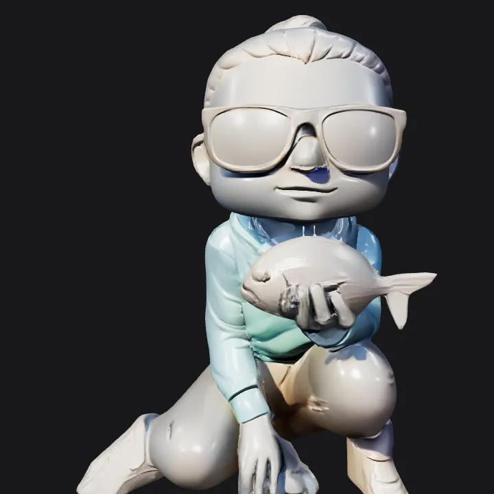 Sculpture of a child holding a fish. smooth edges, complex geometry, character.