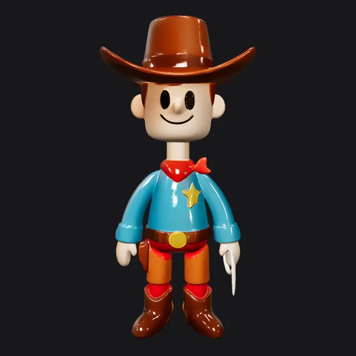 Cartoon cowboy toy figure. smooth edges, simple geometry, character.