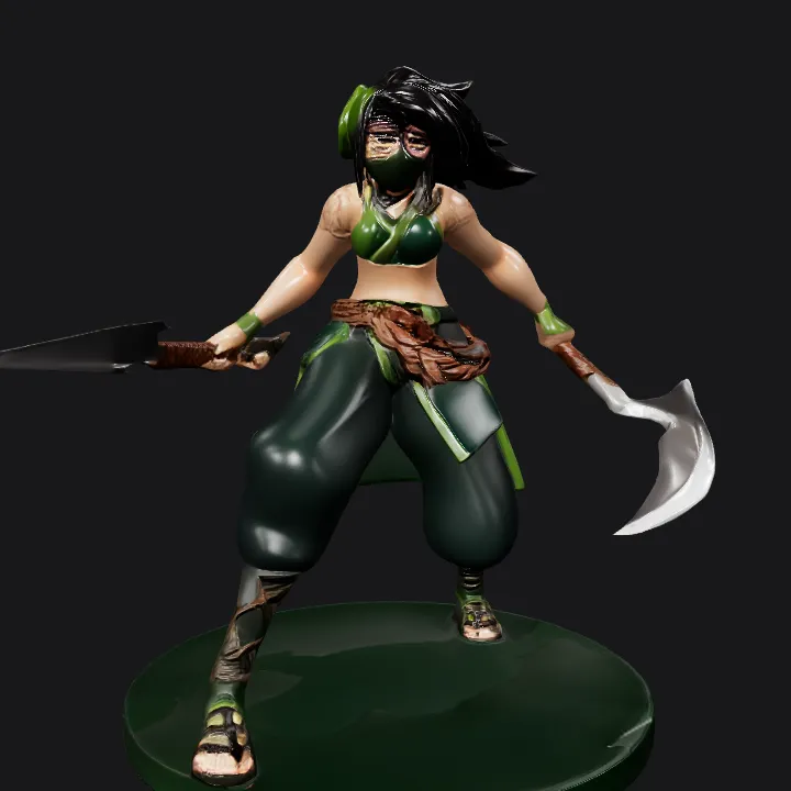 Female ninja warrior with weapons. complex geometry, sharp edges, smooth edges, character.