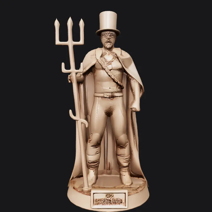 A cloaked figure with a top hat and trident. smooth edges, complex geometry, game-ready, character.