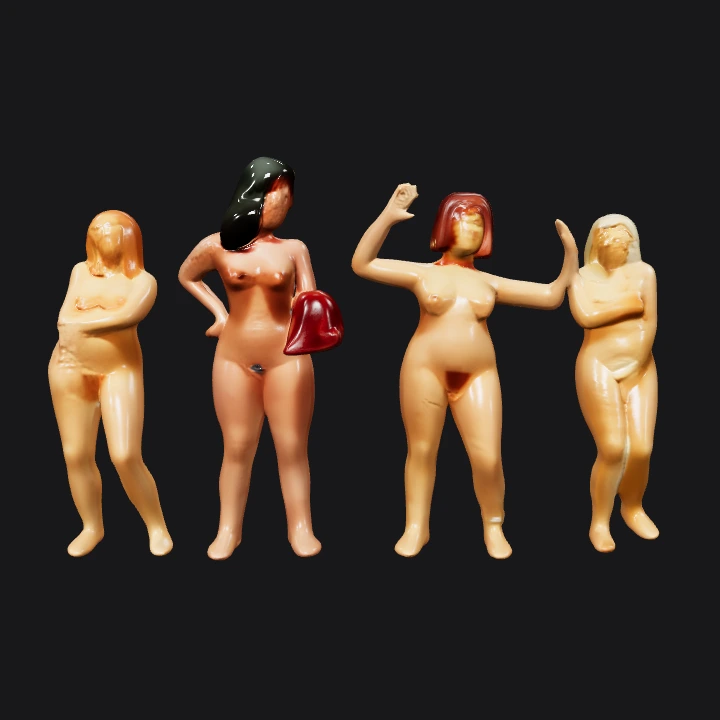 Four small female figurines standing together. smooth edges, complex geometry, character.