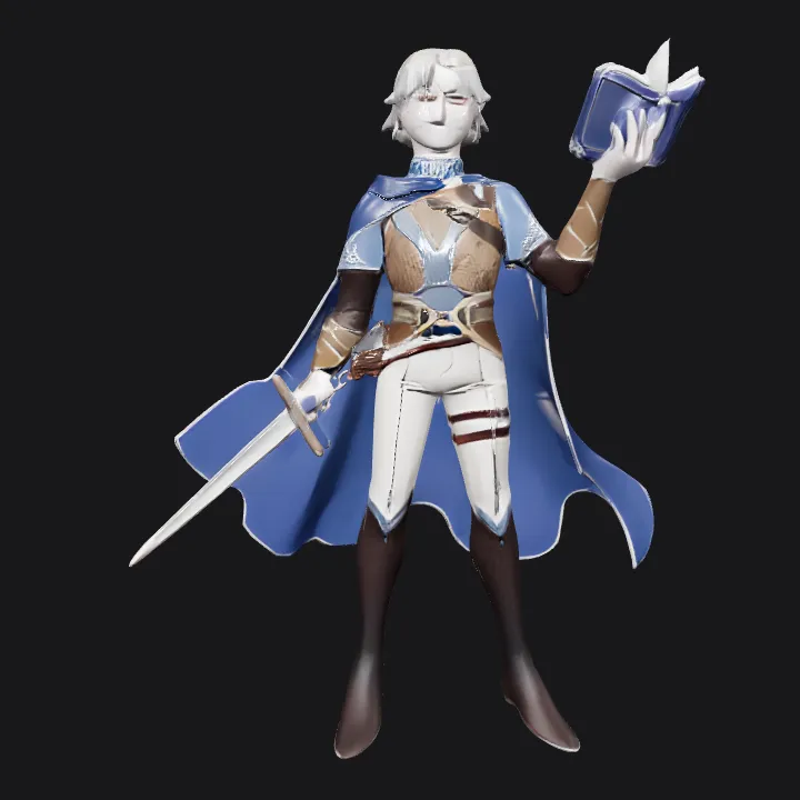 Fantasy armored figure holding sword and book. sharp edges, complex geometry, game-ready, character.