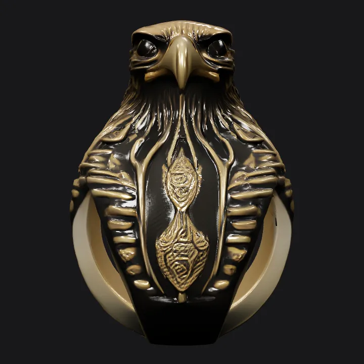 golden eagle head ring. sharp edges, complex geometry.