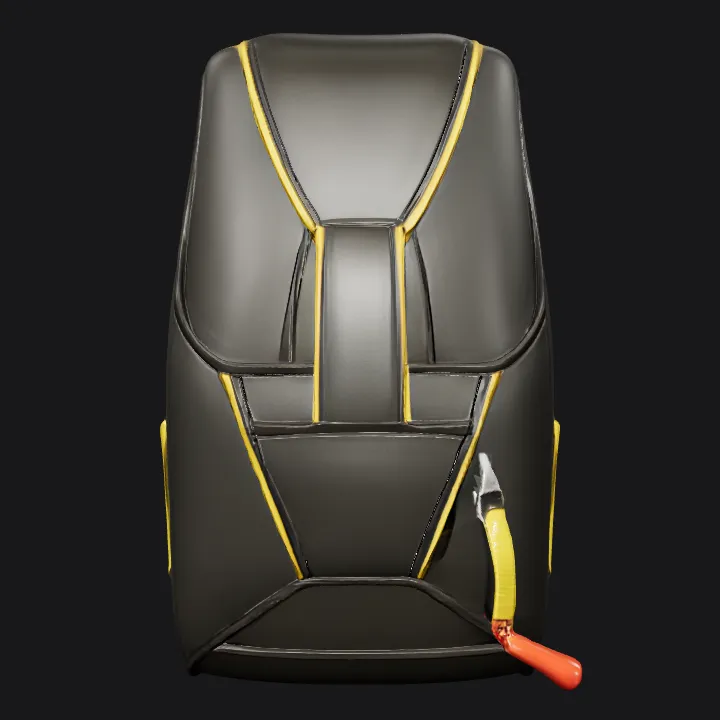 modern backpack with yellow accents. smooth edges, complex geometry, symmetric geometry.