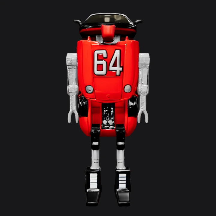 Red toy robot with black legs. sharp edges, complex geometry, game-ready, character, symmetric geometry.