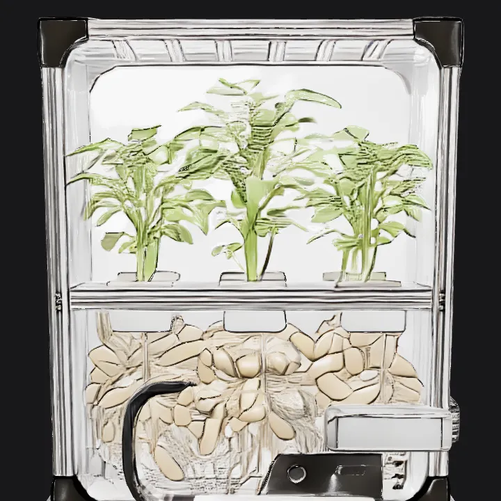 Hydroponic plant growing system with visible roots. sharp edges, complex geometry, symmetric geometry.