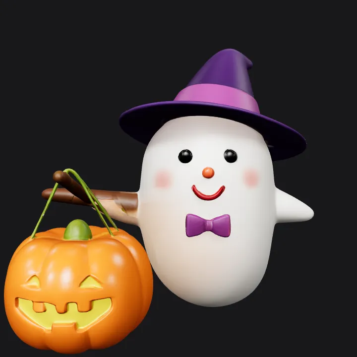 Cute ghost with witch hat and pumpkin. smooth edges, simple geometry, game-ready, character.