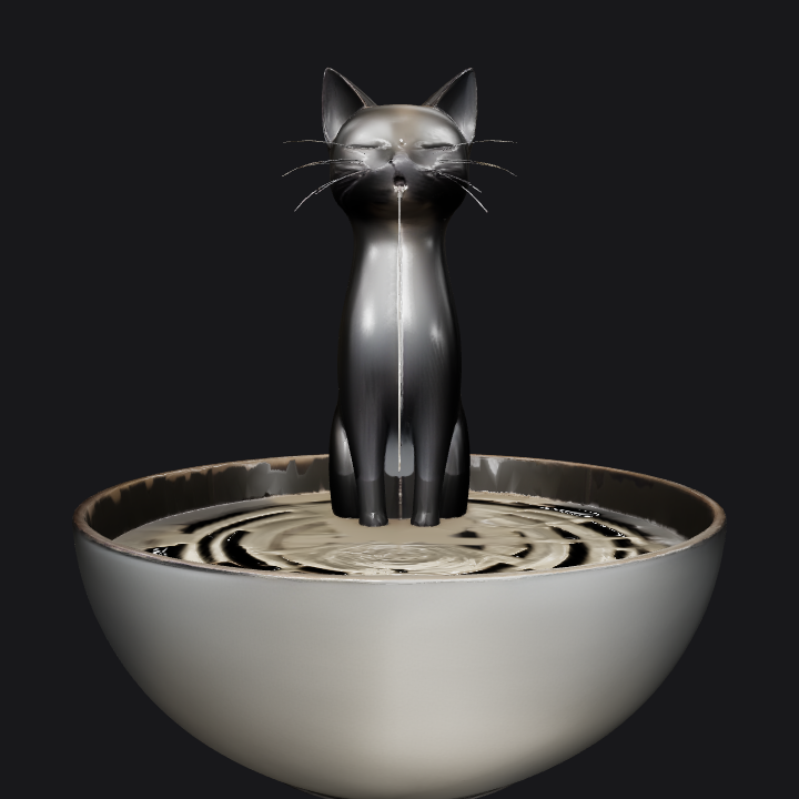 Cat-shaped water fountain sculpture. smooth edges, simple geometry, character.