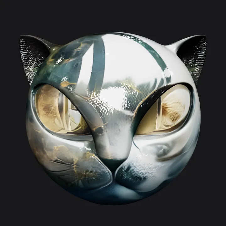 Marble cat head sculpture. smooth edges, simple geometry, complex geometry, symmetric geometry.