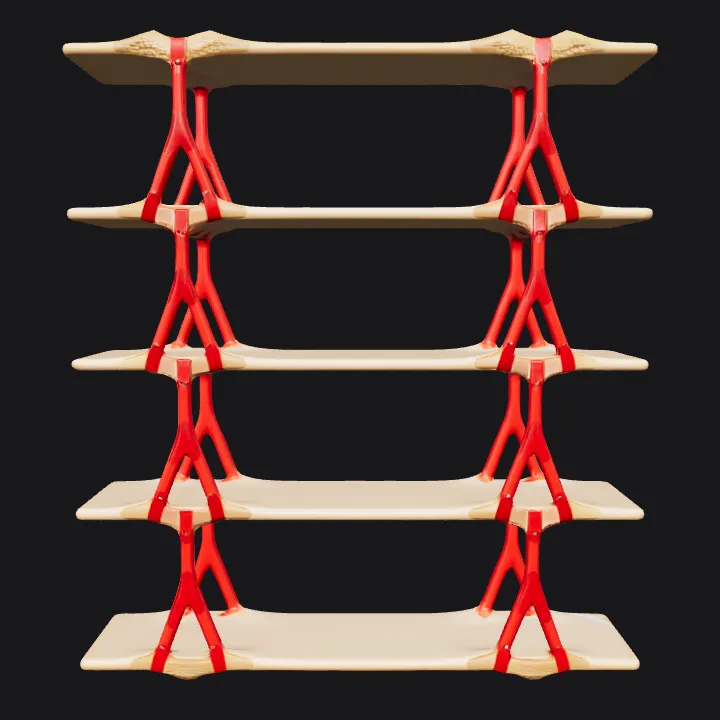Wooden shelf with red supports. simple geometry, sharp edges, game-ready, symmetric geometry.