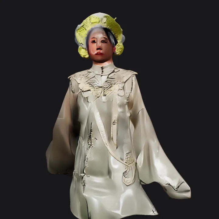 Person in traditional Asian ceremonial dress. complex geometry, character.