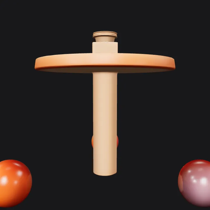 round table with two spheres and a cup. smooth edges, simple geometry.