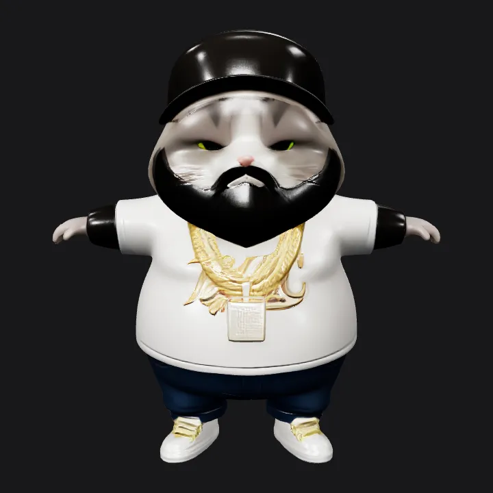 Cartoon figure wearing jewelry and streetwear. smooth edges, complex geometry, game-ready, character, symmetric geometry.