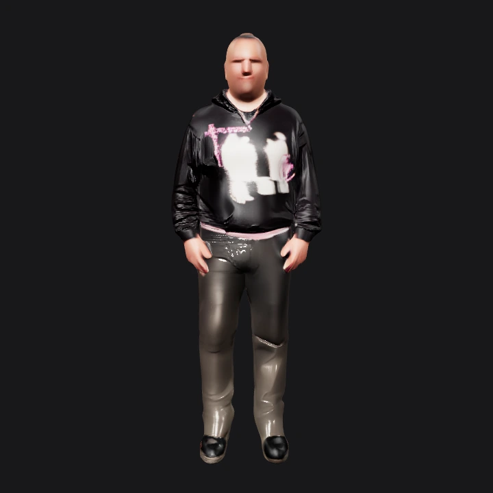 Man in black hoodie and leather pants. smooth edges, complex geometry, character.