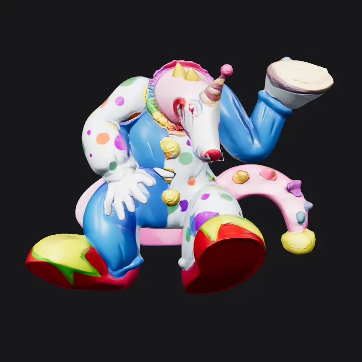 cartoon clown holding a pie. complex geometry, smooth edges, character.