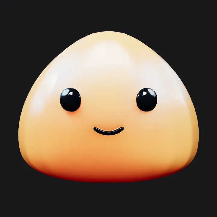 Cute blob-like character with a smiling face. smooth edges, simple geometry, game-ready, character, symmetric geometry.