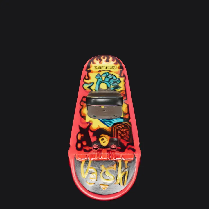 Colorful skateboard with screaming hand graphic. smooth edges, complex geometry, game-ready, character, symmetric geometry.