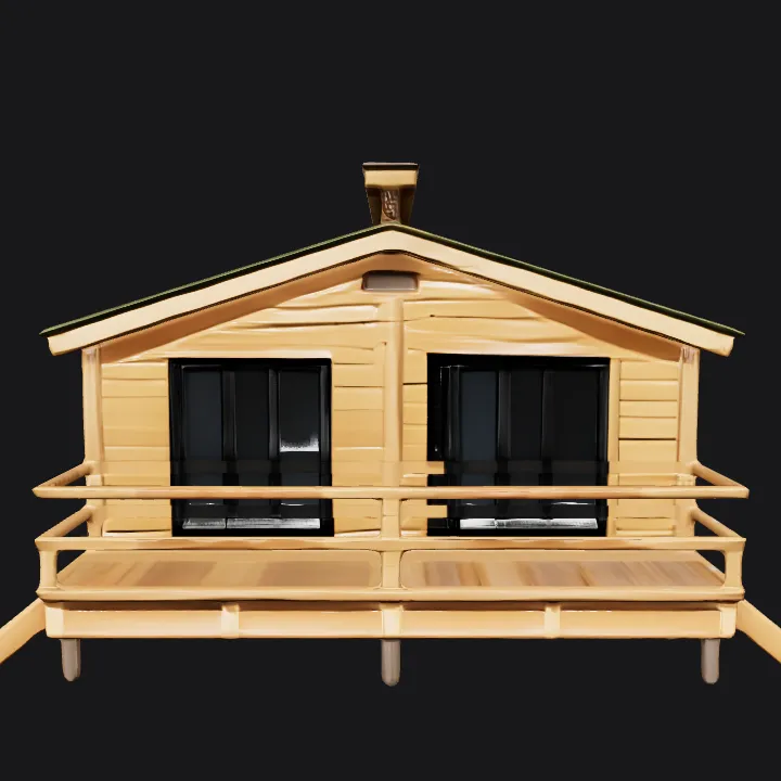 Wooden cabin with patio and steps. sharp edges, simple geometry.