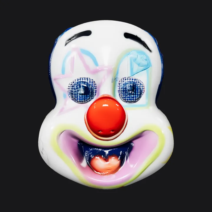 Colorful clown face mask with star eyes. smooth edges, simple geometry, character.