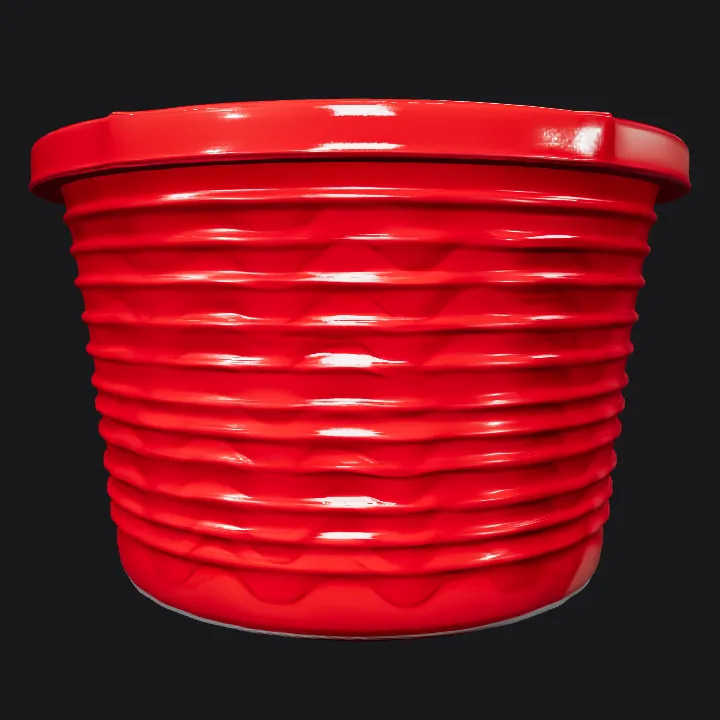 Red plastic plant pot with wavy pattern. smooth edges, simple geometry, symmetric geometry.