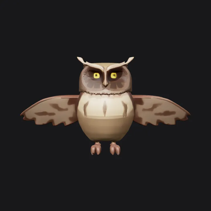 Stylized brown owl facing forward. smooth edges, simple geometry, game-ready, character, symmetric geometry.